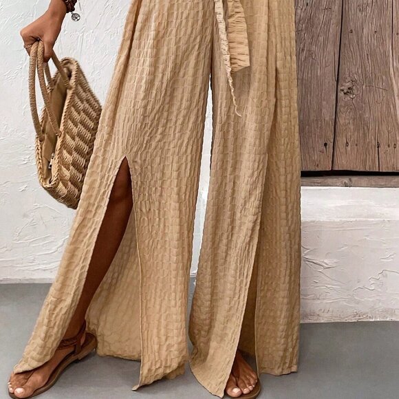 Khaki Casual Women's High Waist Wide Leg Pants With Bowknot And Side Slits - Picture 5 of 6